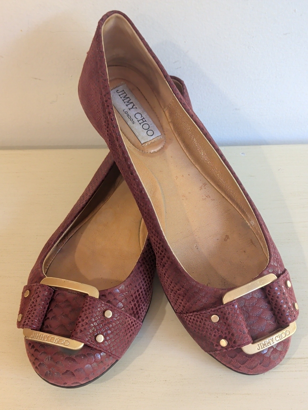 Jimmy Choo Burgundy Python-Effect Leather Suede Ballet Flats Size 38.5EU